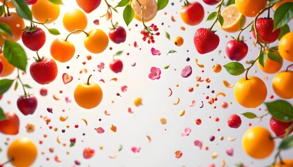 vividly colorful, glistening exotic fruits cascade from the upper frame, their forms dissolving into holographic motion blur against a pristine white backdrop