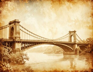 Vintage Suspension Bridge Spanning River Scenic Landscape Architectural Design