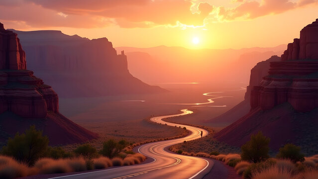 Winding road leading into majestic canyon at sunset