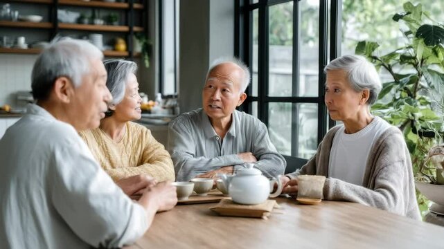 A warm gathering of elderly friends enjoying tea together in a cozy setting, sharing laughter and stories.