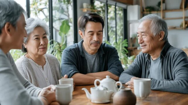 A warm gathering of family members enjoying tea and sharing joyful conversations in a cozy, natural setting.