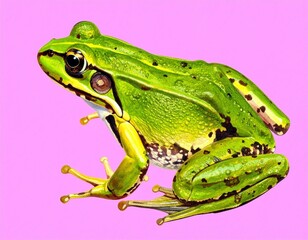 Obraz premium Vibrant Green Frog Posing on Pink Background Detailed Illustration of Amphibian Wildlife
