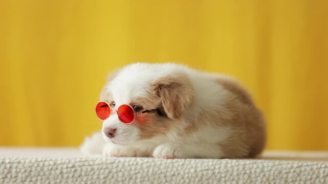 Cute and funny little puppy wearing glasses, licking lips and playing in slow motion, adorable playful dog moments