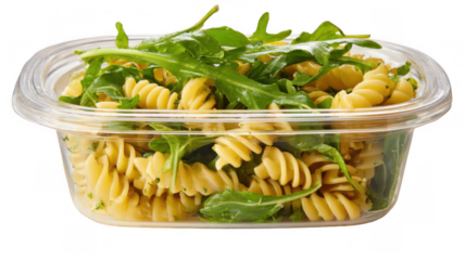 Plastic container filled with fusilli pasta, arugula and dressing, creating a convenient and healthy meal option, perfect for takeaway or a quick lunch on a transparent background