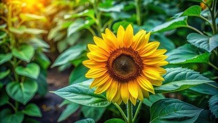 Obraz premium A vibrant yellow sunflower blooming among lush green leaves and stems