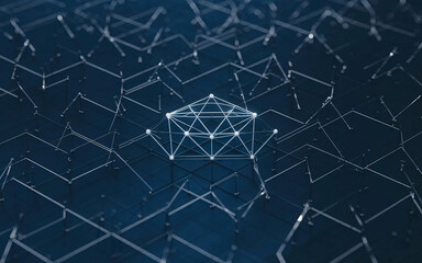A digital network of interconnected geometric lines and nodes with a highlighted central structure on a dark background.