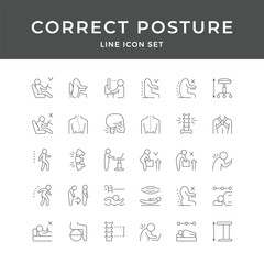 Correct Posture Line Icons Set for Ergonomic Wellness and Spine Health