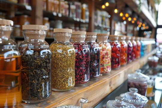 An array of beautifully organized glass jars contains vibrant spices and herbs, showcasing a colorful and visually appealing collection for culinary enthusiasts.