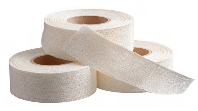 Tension reducing strips are partially unrolling from three rolls, showcasing their texture and readiness for application, against a transparent background