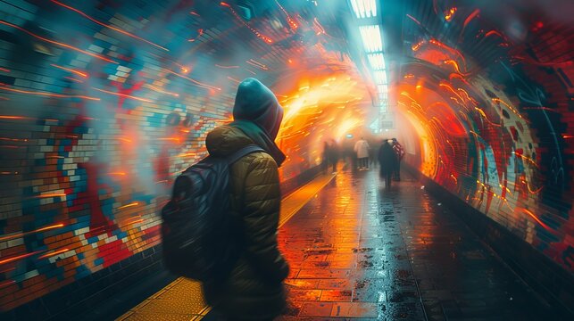 A lone figure in a hooded jacket walks through a vibrant, modern urban tunnel, illuminated by swirling colors and reflections, evoking a sense of mystery and exploration.