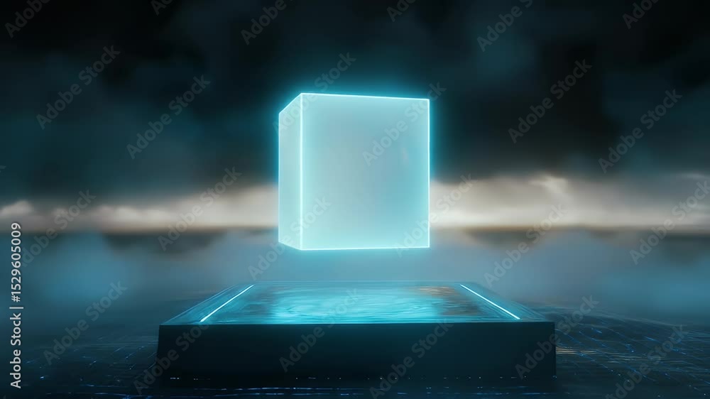 Poster abstract glowing cube displayed on a platform with dark background and digital grid pattern showcasi