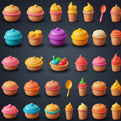 Vector illustration of assorted sweet food collection with cake chocolate cupcakes donuts cookies and candy decorated with fruit cream and jelly perfect for bakery dessert snack pastry and colorful de