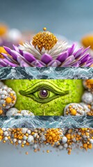 Surreal Abstract Digital Art: Purple Flower, Green Eye, and Orange Spheres