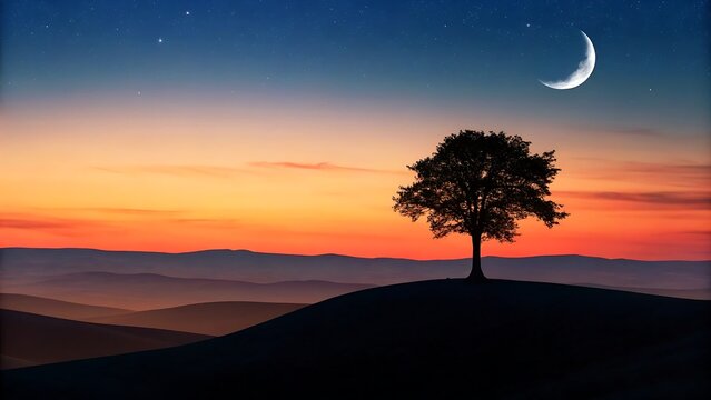 Serene sunset landscape with single tree silhouette and crescent moon - Powered by Adobe