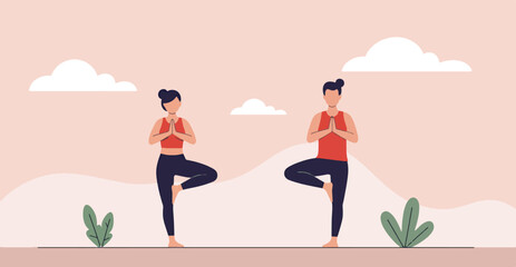 Couple Practicing Tree Pose Yoga Outdoors Find Inner Peace and Balance