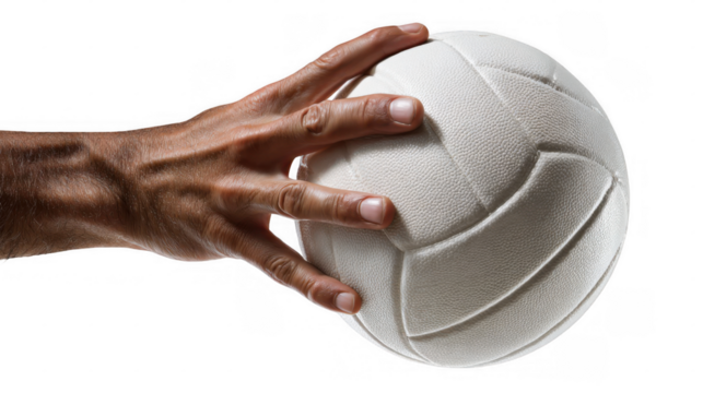 Player gripping a volleyball with fingers poised for serving, setting, or spiking against a transparent background, highlighting athleticism and skill in the sport