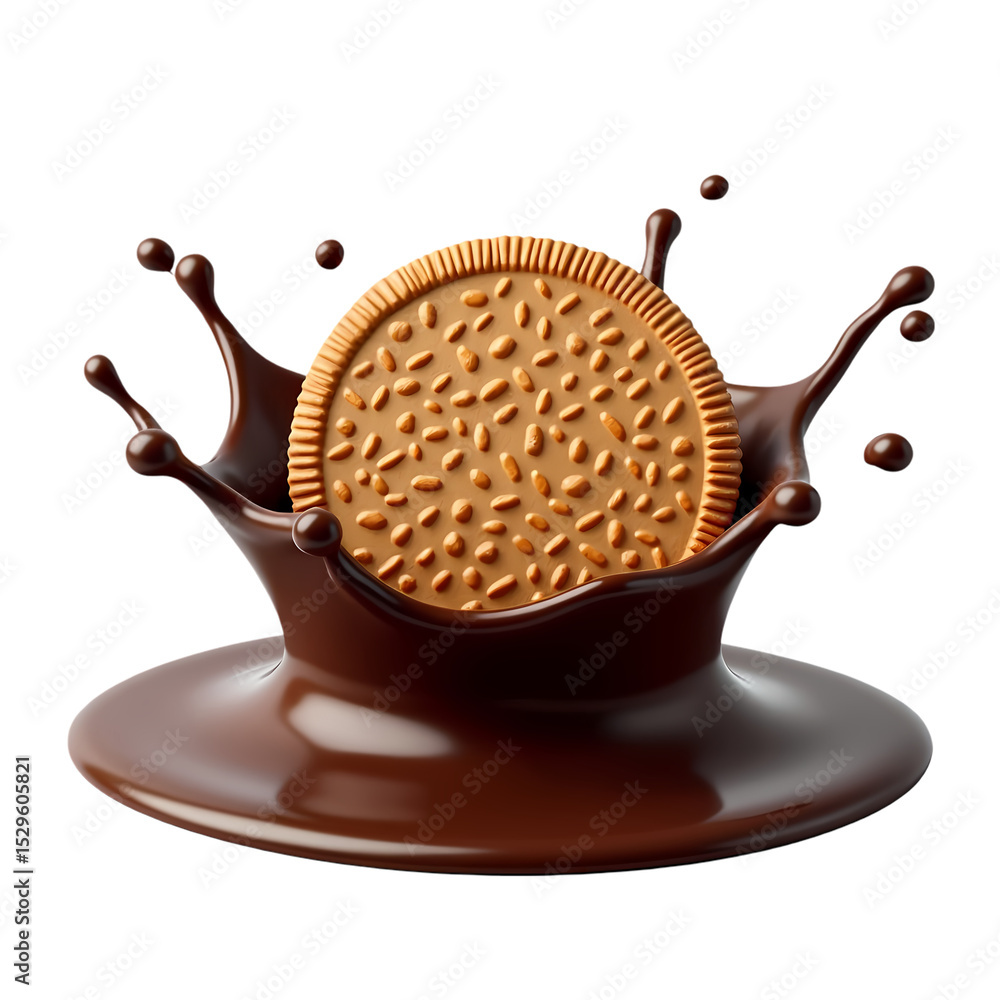 Poster a cookie splashing into a pool of chocolate isolated on transparent background