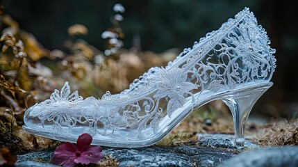Glass Slipper with Lace Patterns“ A delicate and enchanting glass slipper adorned with intricate lace designs, evoking a fairytale charm