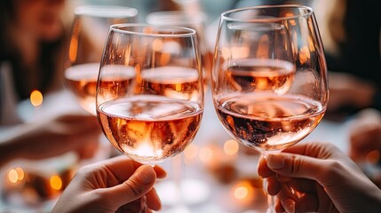 Glasses of ros wine raised in a celebratory toast. 