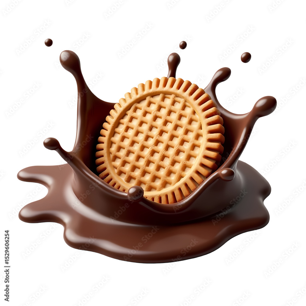 Poster a round cookie falling into a splash of dark brown chocolate sauce isolated on transparent backgroun