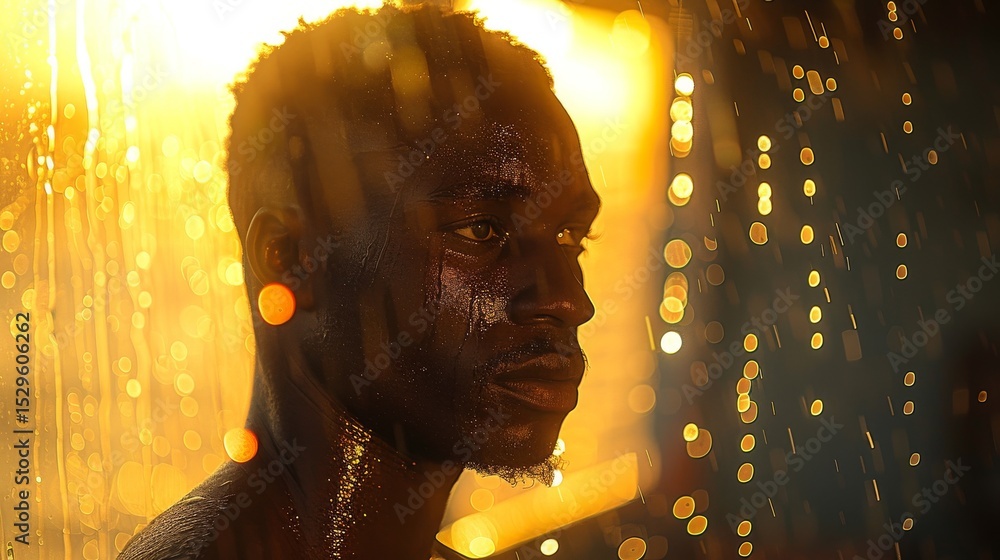Aufkleber a thoughtful portrait of a man illuminated in golden light with droplets of water, fostering a sense