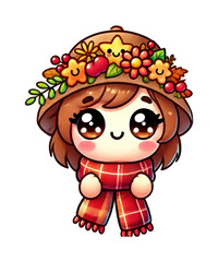 Cartoon illustration of a little girl with a flower, smiling and having fun at a party with a funny clown hat