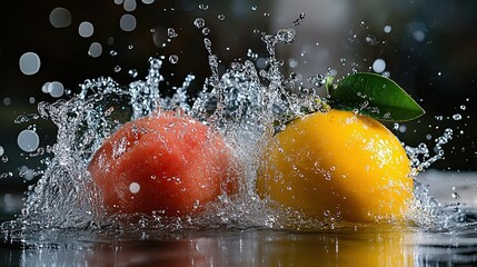 Mango and watermelon splashing into water.