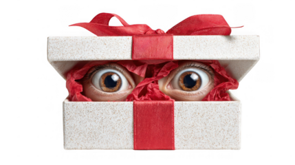 Wide open, curious eyes peeking from a slightly opened white gift box filled with red tissue paper and tied with a festive red ribbon against a transparent background