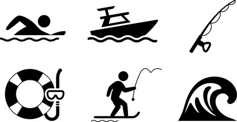 Summer water sports icons set swimming boating fishing diving surfing wave vector illustration 100 editable stock vector illustration