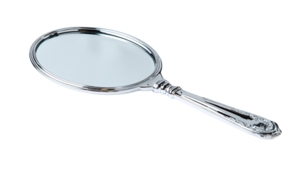 A beautifully designed silver hand mirror, ready for reflection.