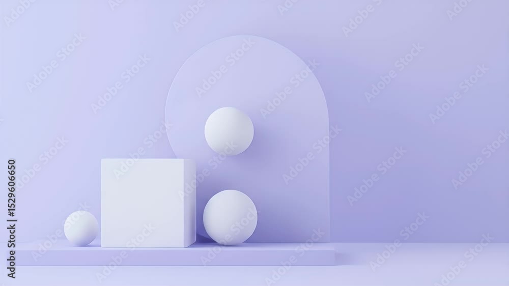 Poster geometric composition with white spheres cube and arch on lilac platform minimalist 3d render for pr