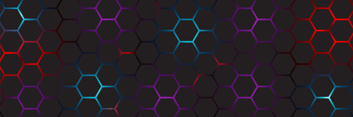 Abstract dark hexagon pattern on red neon background technology style. Modern futuristic geometric shape web banner design. You can use for cover template, poster, flyer, print ad. Vector illustration
