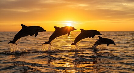 Dolphins jumping at golden sunset, Ocean mammals leaping against evening sky