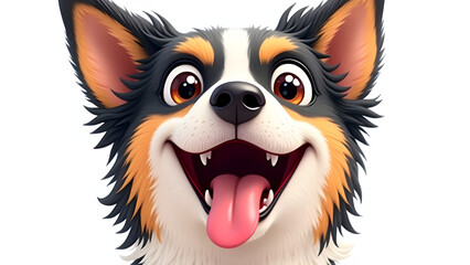 Happy dog with wide eyes and mouth open, displaying a playful and joyous expression. The dog has a mix of black, white, and brown fur, with its tongue sticking out exuberantly