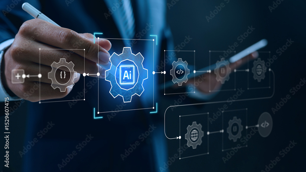 Aufkleber AI integration and workflow automation technology concept. business hand using stylus to control digital gear interface, symbolizing process optimization, innovation and intelligent business systems