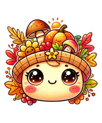 Cute cartoon hedgehog with a joyful smile among yellow and orange mushrooms, basking in the summer sun