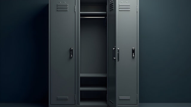 Open school gym locker reveals an empty closet against a dark background