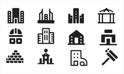 Set of Simple Black and White Building Icons for Construction and Business vector art on white