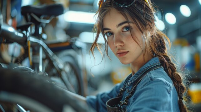 A young woman focuses on repairing a bicycle in a well-lit workshop filled with tools and bikes, showcasing her determination and skill in bike maintenance. - Powered by Adobe