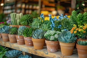This colorful image features an array of healthy succulents displayed beautifully on a wooden shelf, capturing the charm of gardening and the joy of plant care.
