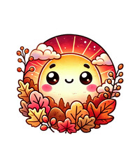 A joyful vector illustration of a cartoon heart with summer flowers and a smiling sun