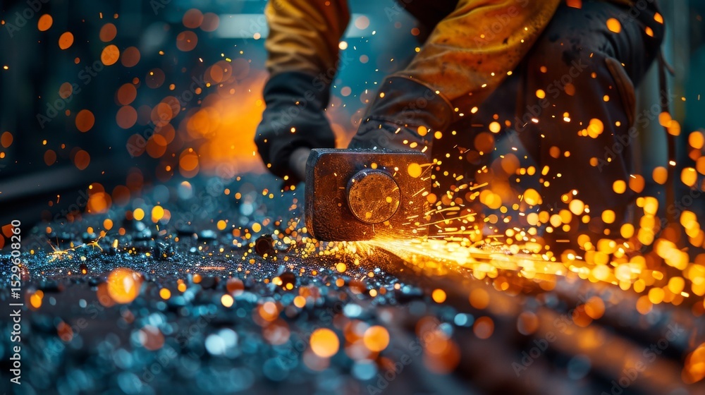 Aufkleber an industrial worker operating a grinder, creating a vivid display of sparks and light, emphasizing 