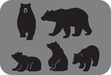 Fototapeta premium Five Black Bear Silhouettes on a Gray Background Depicting Bears Standing Walking Sitting and Resting Showcasing Different Poses and Perspectives of These Majestic Animals
