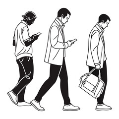 Three men walking while looking down at their cell phones, one carrying a bag