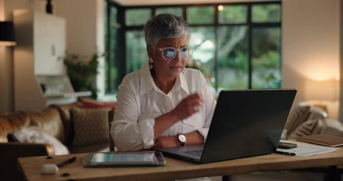 Laptop, stress and tablet with freelance woman in home for problem solving, reading or research. Anxiety, computer and confused with mature person in apartment for remote work as small business owner