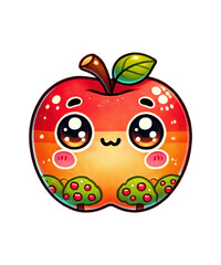 

Fresh red apple with a leaf, juicy drops, and a playful worm illustration for a healthy diet