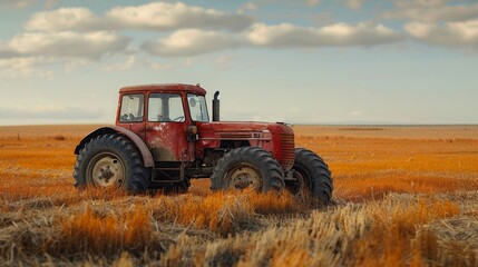 Fototapeta premium A weathered red tractor stands alone amidst a sprawling golden wheat field, symbolizing rural life and agricultural heritage under a beautiful sky filled with clouds.