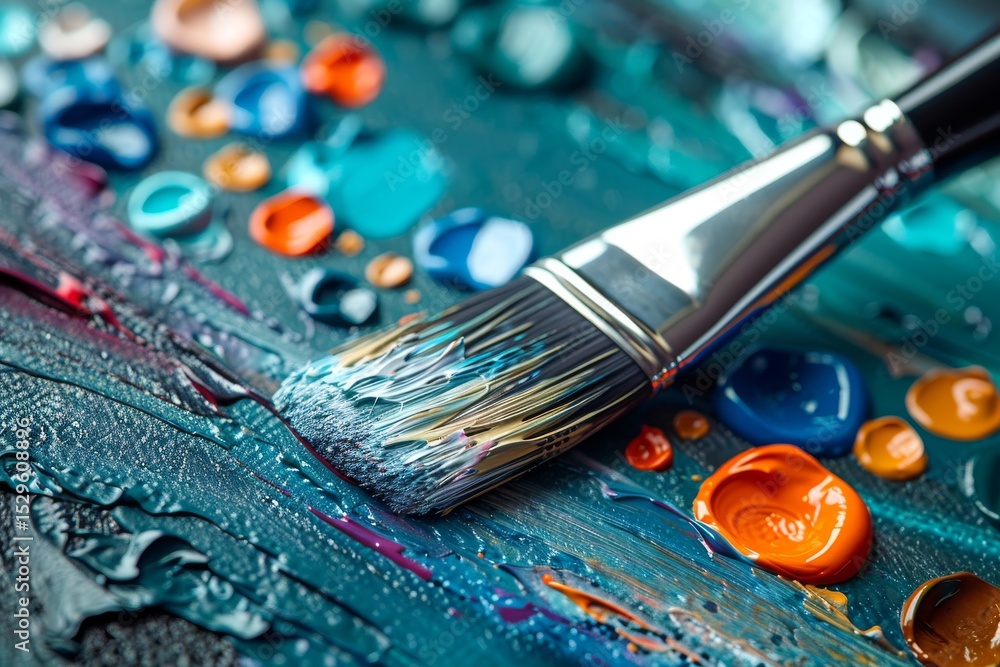 Aufkleber a close-up view of a paintbrush on a vibrant palette filled with colors showcases the artistic proce