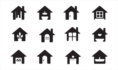 A set of twelve simple, black silhouette icons of houses with various architectural details, house icon, home icon, building icon, real estate icon, property icon, architecture icon, silhouette, black