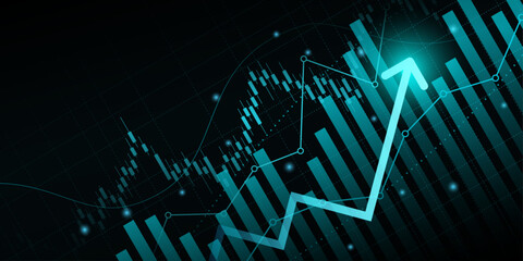 technology financial graph with uptrend line arrow and bar chart of stock market on blue color background